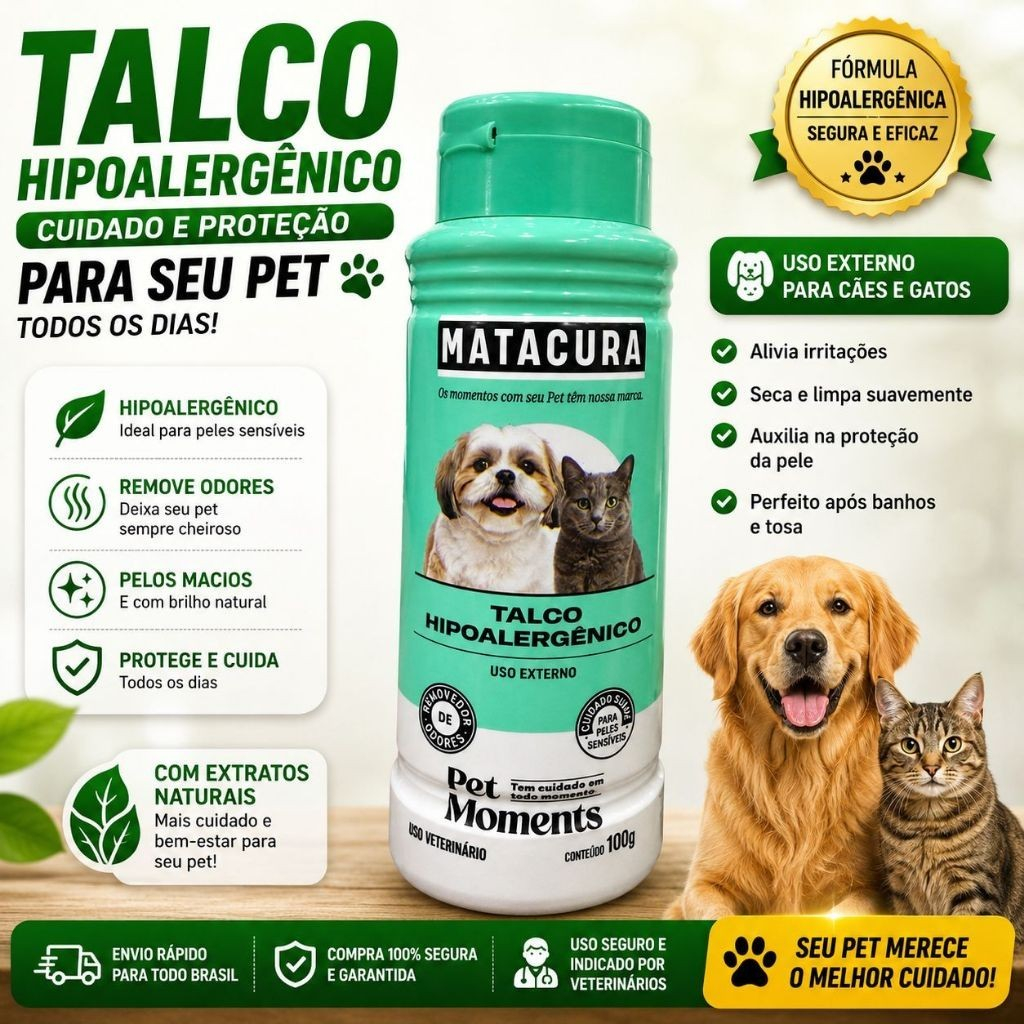 Talco Hipoalérgico Removedor de Odores Matacura Para Cães e Gatos 100g