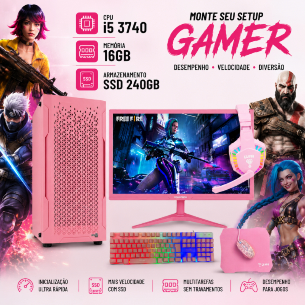 PC Completo Barato Rosa Gamer Girl I5, 16gb, Ssd 240, Monitor 19'', Kit Completo de Periféricos Rosa