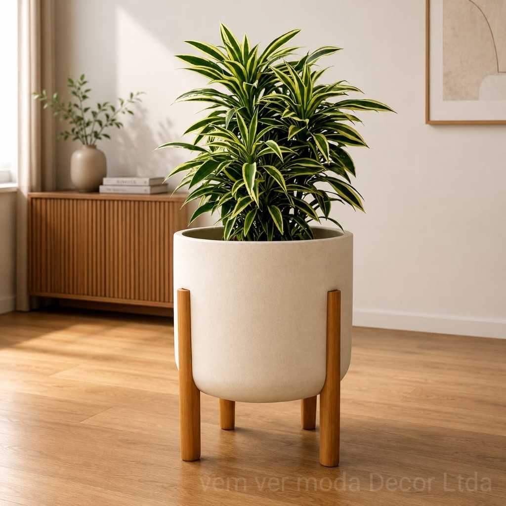 Vaso Decorativo Com Pé De Madeira Nórdico Cachepot Para Plantas Sala Escritório Decoração Moderna P/M