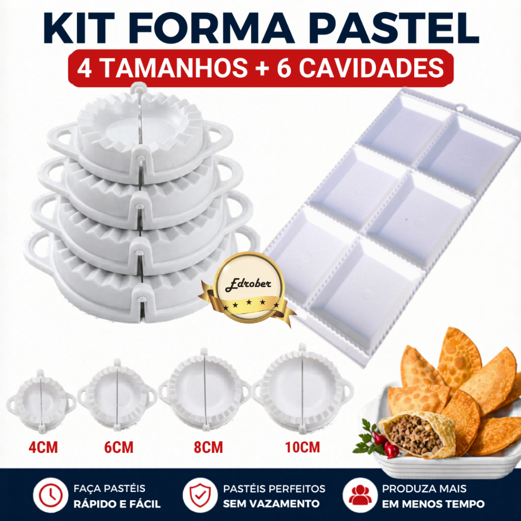 Kit Forma Pastel Quadrado Meia Lua Salgados Modelador Massas + Forma Pastel Salgados Bar Risoli em Plástico 6 Cavidades
