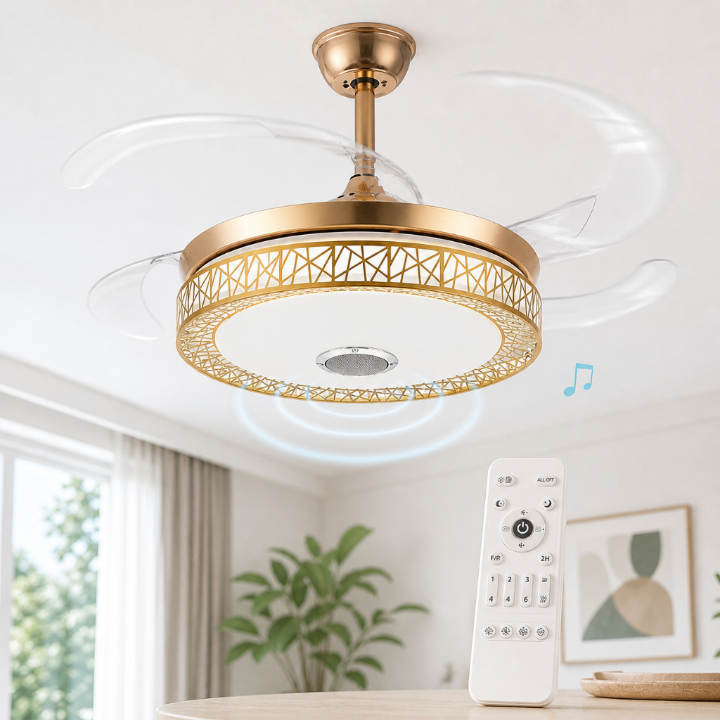 Ventilador Teto Retrátil LED 42 Pol Dourado 4 Pás Dimerizável Som Integrado Controle Remoto Bivolt
