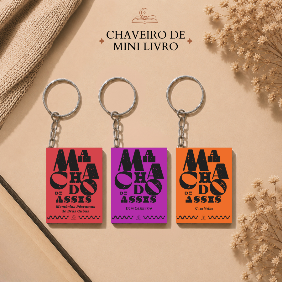 Chaveiro de Mini Livro - DOM CASMURRO, CASA VELHA e MEMÓRIAS PÓSTUMAS DE BRÁS CUBAS | Presente literário