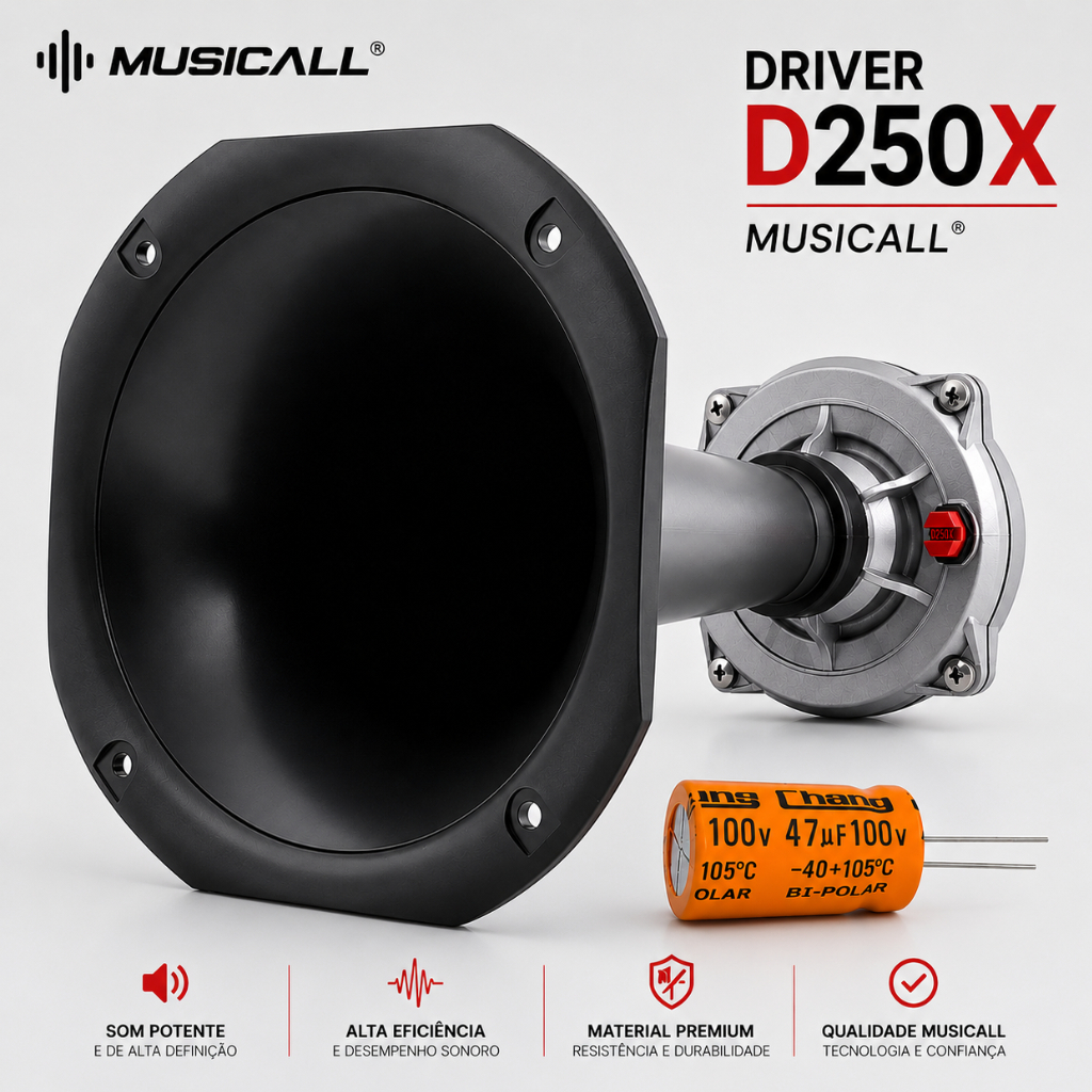 Driver D250x Musicall 200w + Corneta Longa + Capacitor Para Som Automotivo Som Profissional Som Residencial caixa trio