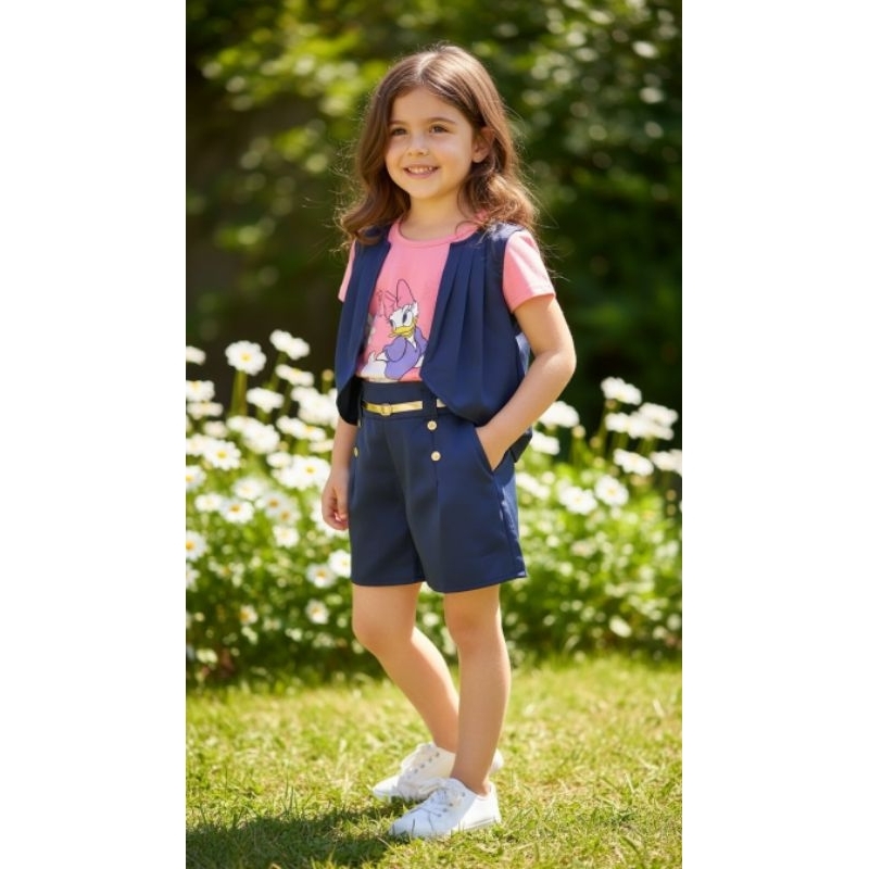 👑💖✨ Conjunto 3 Peças (Blusa + Colete + Short + Cinto) Conjunto Infantil Feminino Blusa Colete Short e Cinto Fashion