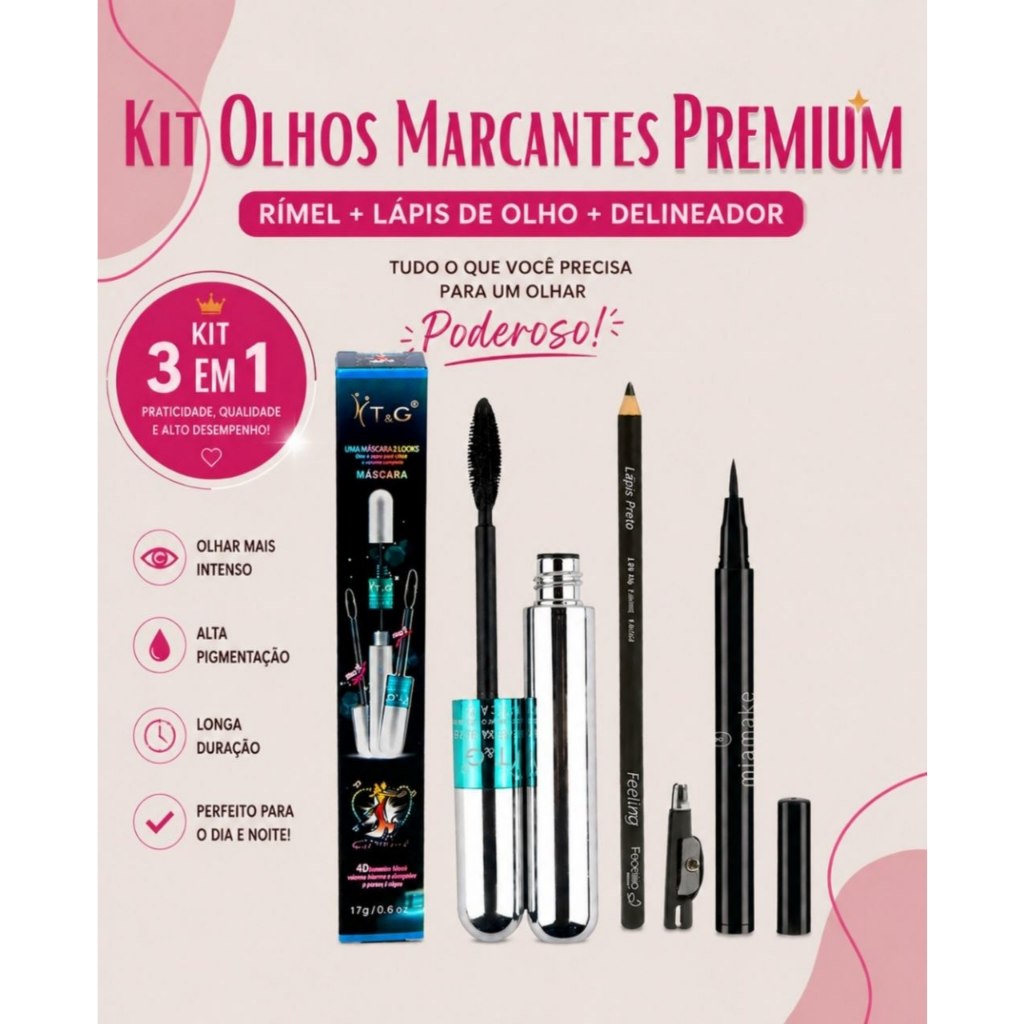 Kit Maquiagem Olhos Marcantes Rímel 4D | Lápis de Olho | Delineador Longa Duração Premium 2 e 3 em 1