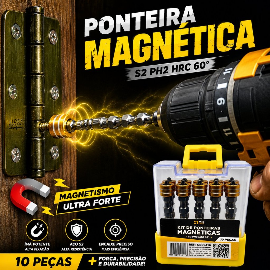 Jogo Ponteira Magnético Bits Ph2 gesso Parafusadeira Drywall Kit 10 peças