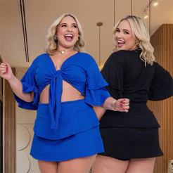 Conjunto Plus Size Feminino Blusa formas e Short Saia Camadas