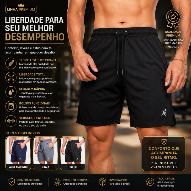 Kit 03 Bermudas calção homem  para academia tactel com elastano logo refletivo