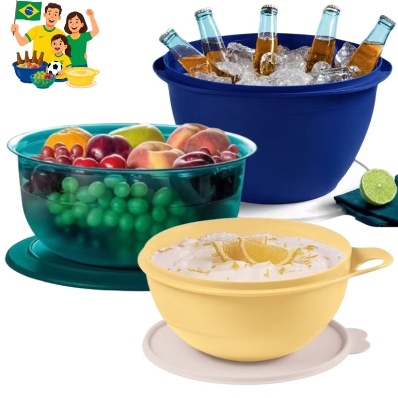 KIT 3 PEÇAS TIGELA ACTUALITÉ 10L AZUL + TIGELA CRISTAL 6L EM POLICARBONATO VERDE + CRIATIVA 3L AMARELA - TUPPERWARE