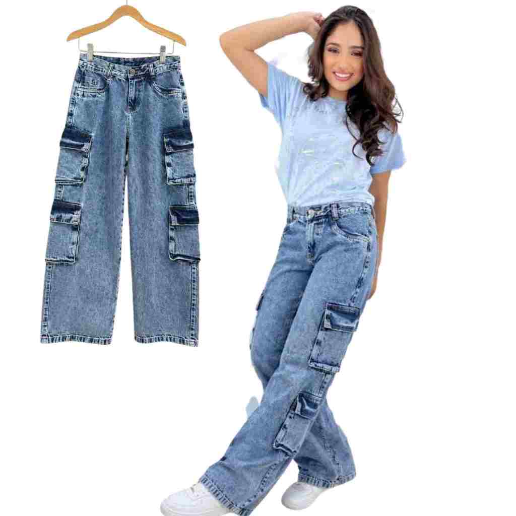 CALÇA JEANS INFANTIL CARGO ESTILOSA QUATRO BOLSOS LATERAIS LAVADO MARMORIZADO