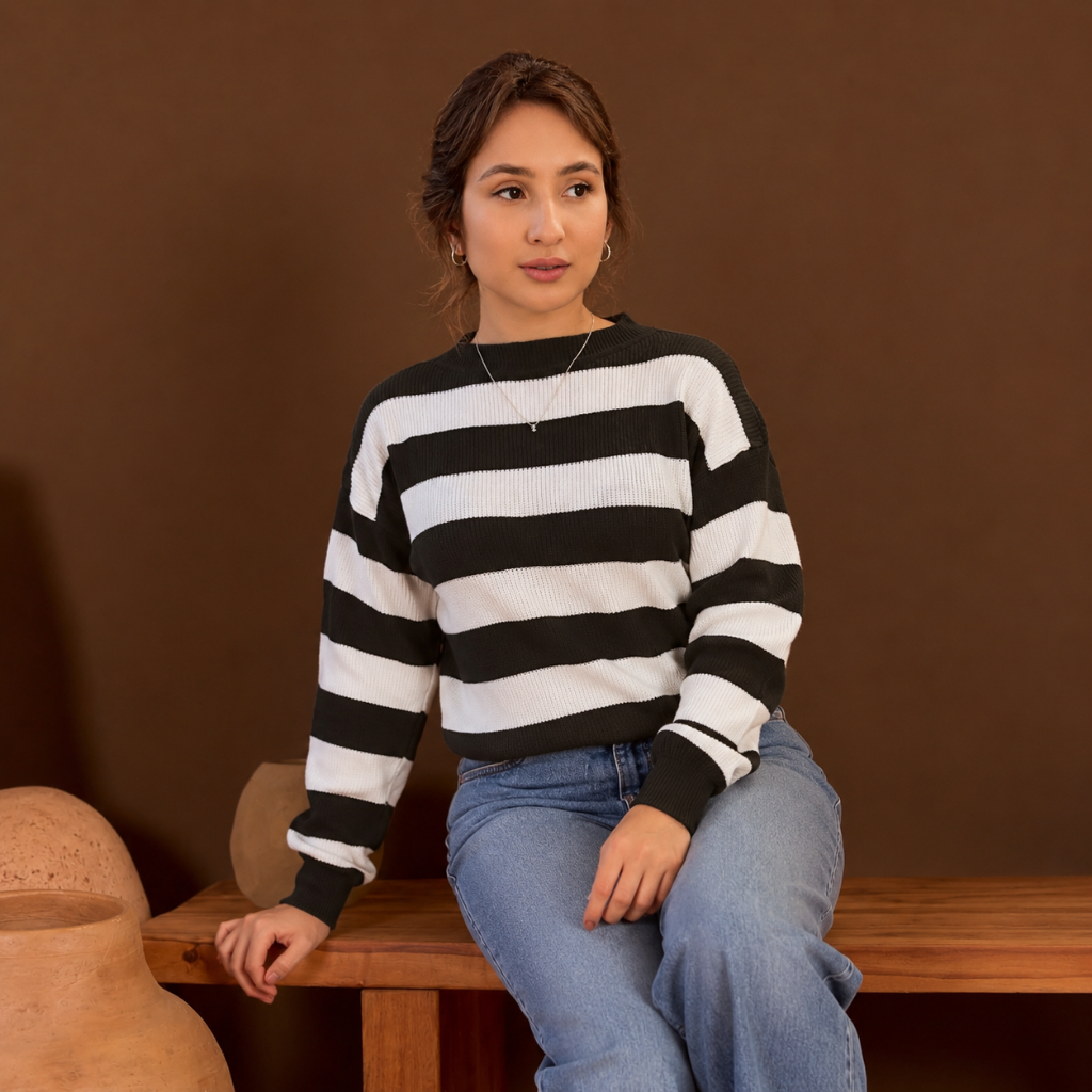 Blusa Feminina Tricot Listrada Inverno Manga Comprida Toque Macio Moda
