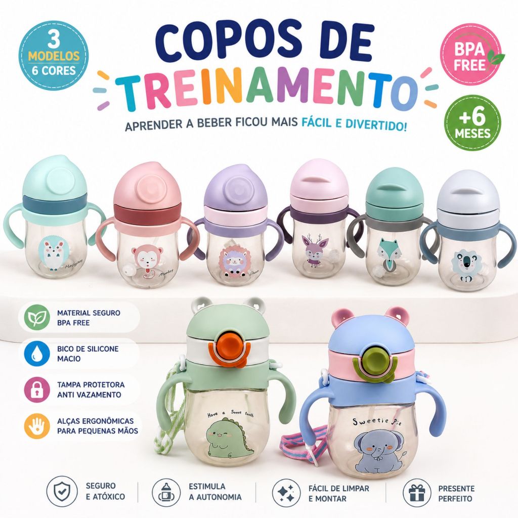 Copo Infantil de Treinamento 250ml com Alça e Canudo Antivazamento