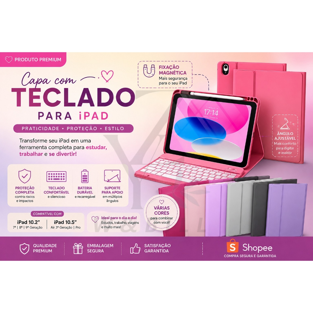 W.BILL Capa Para iPad c/Teclado Touchpad IPad 5 6 7 8 9 11a Geração Air 1 2 3 4 