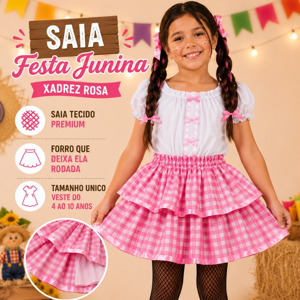 Saia Festa Junina Infantil  Xadrez Caipira Julina
