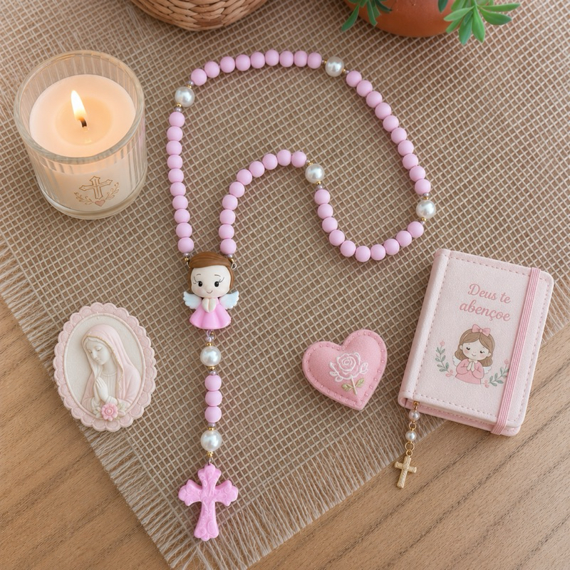 Terço para berço batizado e nascimento Minha anjinha guardiã kit com caixa de presente e organza Entrega rápida