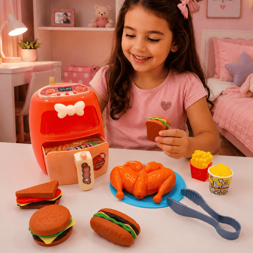 Conjunto Air Fryer Infantil com Luzes e Acessórios Brinquedo Criança Menina Cozinha Mini Chef