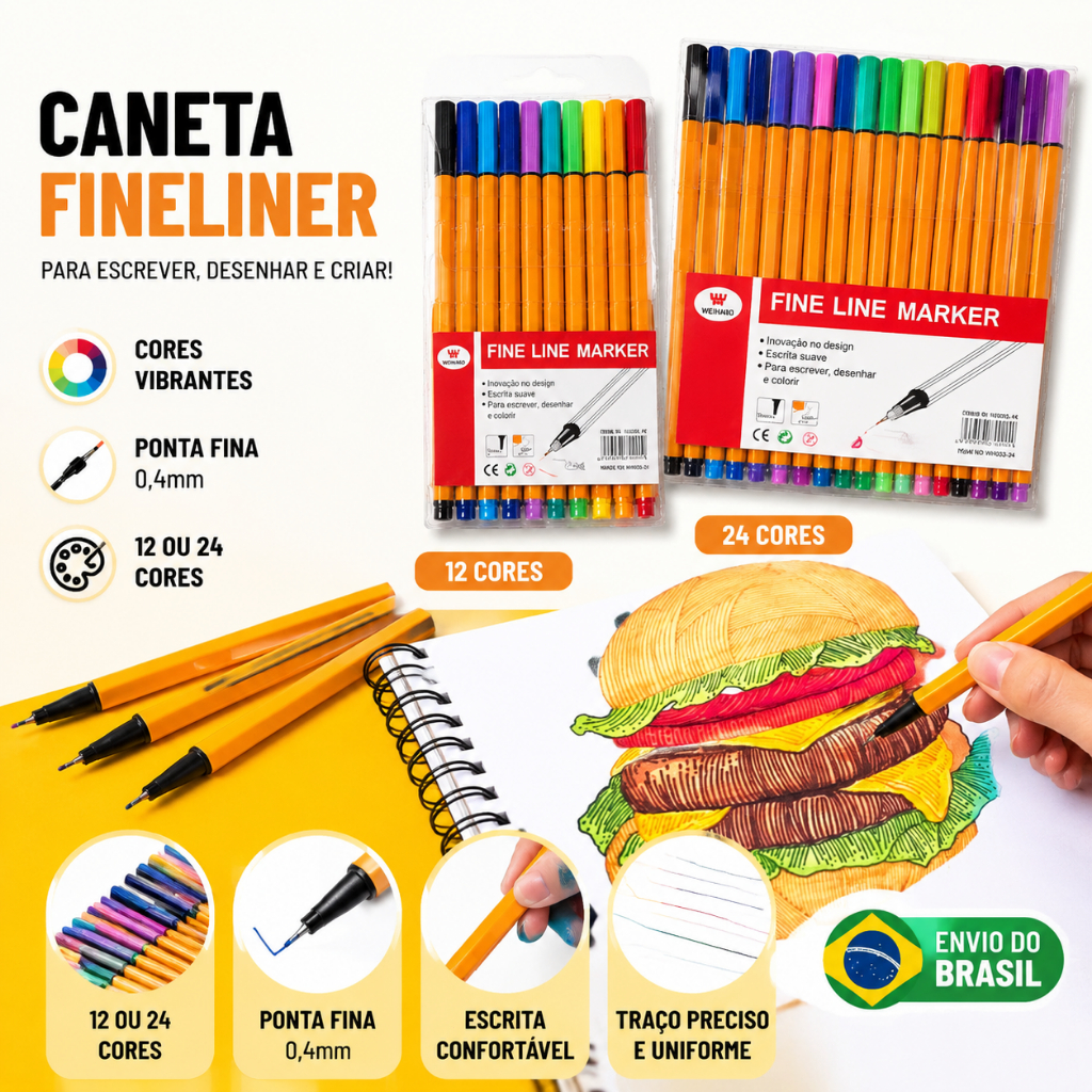 12 /24 Canetas Coloridas Fine Line Ponta Fina 0.4 mm Fineliner