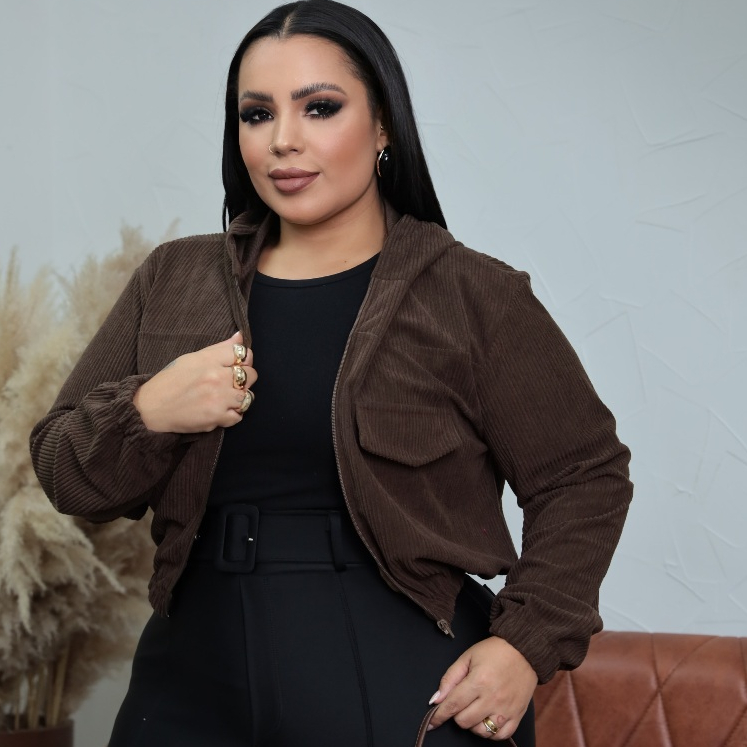 Jaqueta Plus Size Feminina Veludo Cotele Com Capuz Ziper Elastico Punhos e Cintura Casaco Inverno