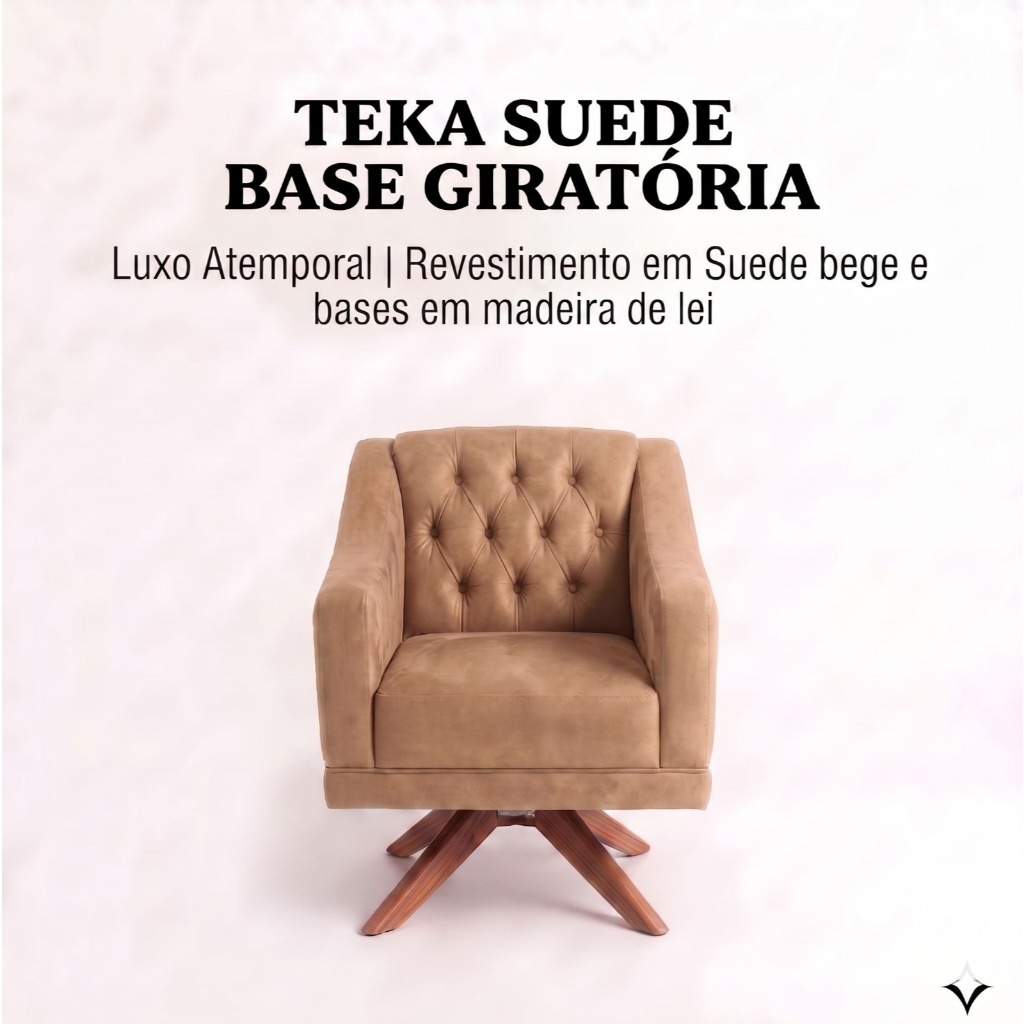 Poltrona Teka Giratória Suede Bege Luxo Premium Capitonê