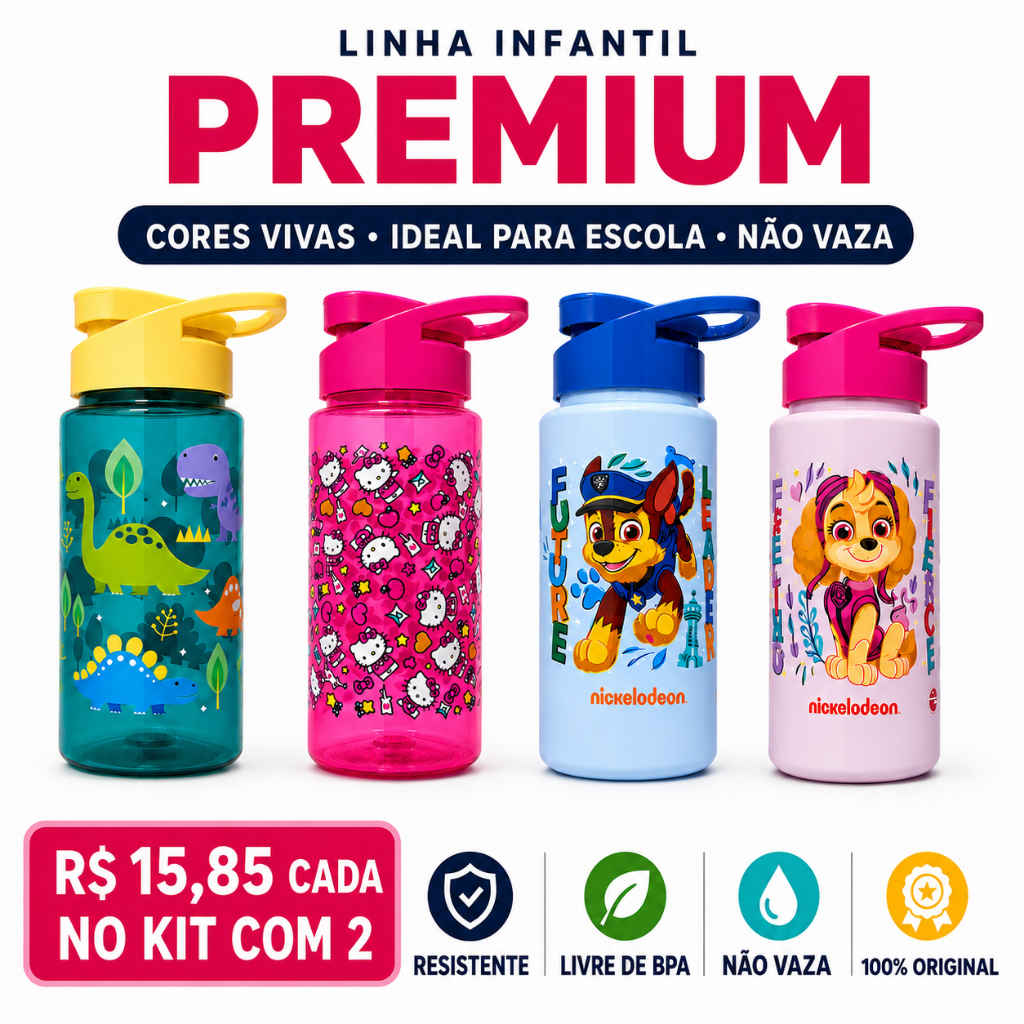 Garrafa de Água Infantil 500ml Squeeze Patrulha Canina Hello Kitty Dinossauro Garrafinha de Criança