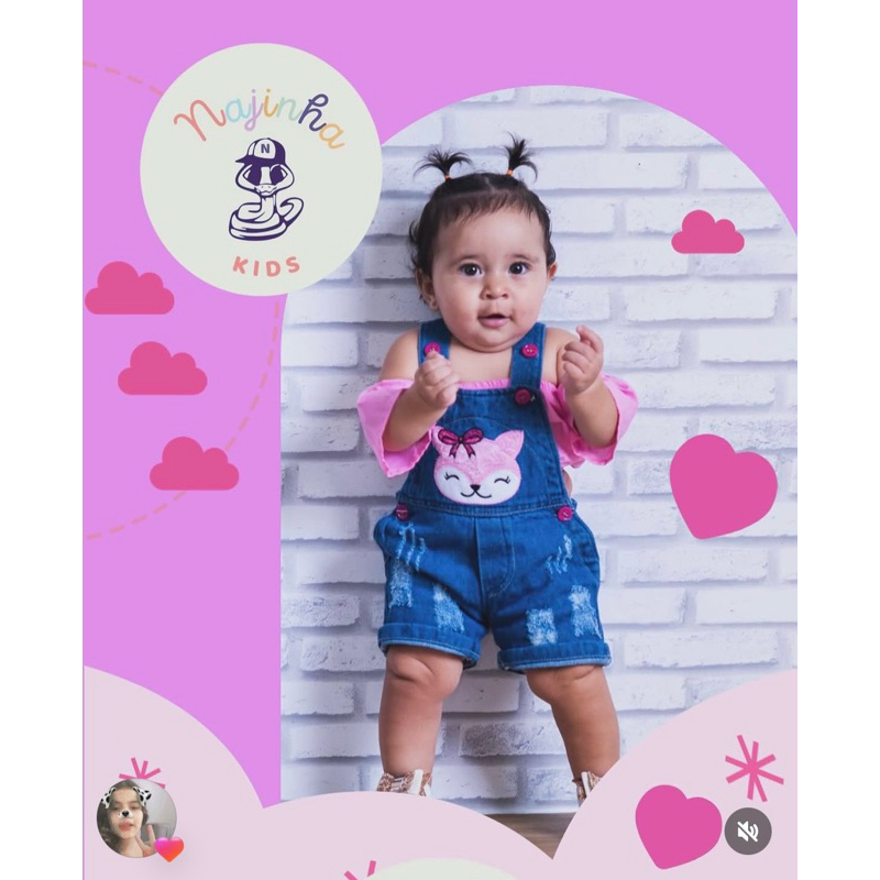 conjunto de jardineira macacão short jeans infantil feminino para menina + blusinha ciganinha