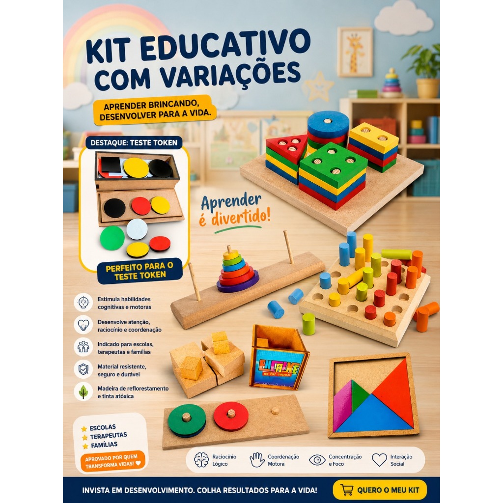 Kit Teste Token + Brinquedos Educativos | Autismo, TDAH e Terapia Infantil Montessori MDF E EVA