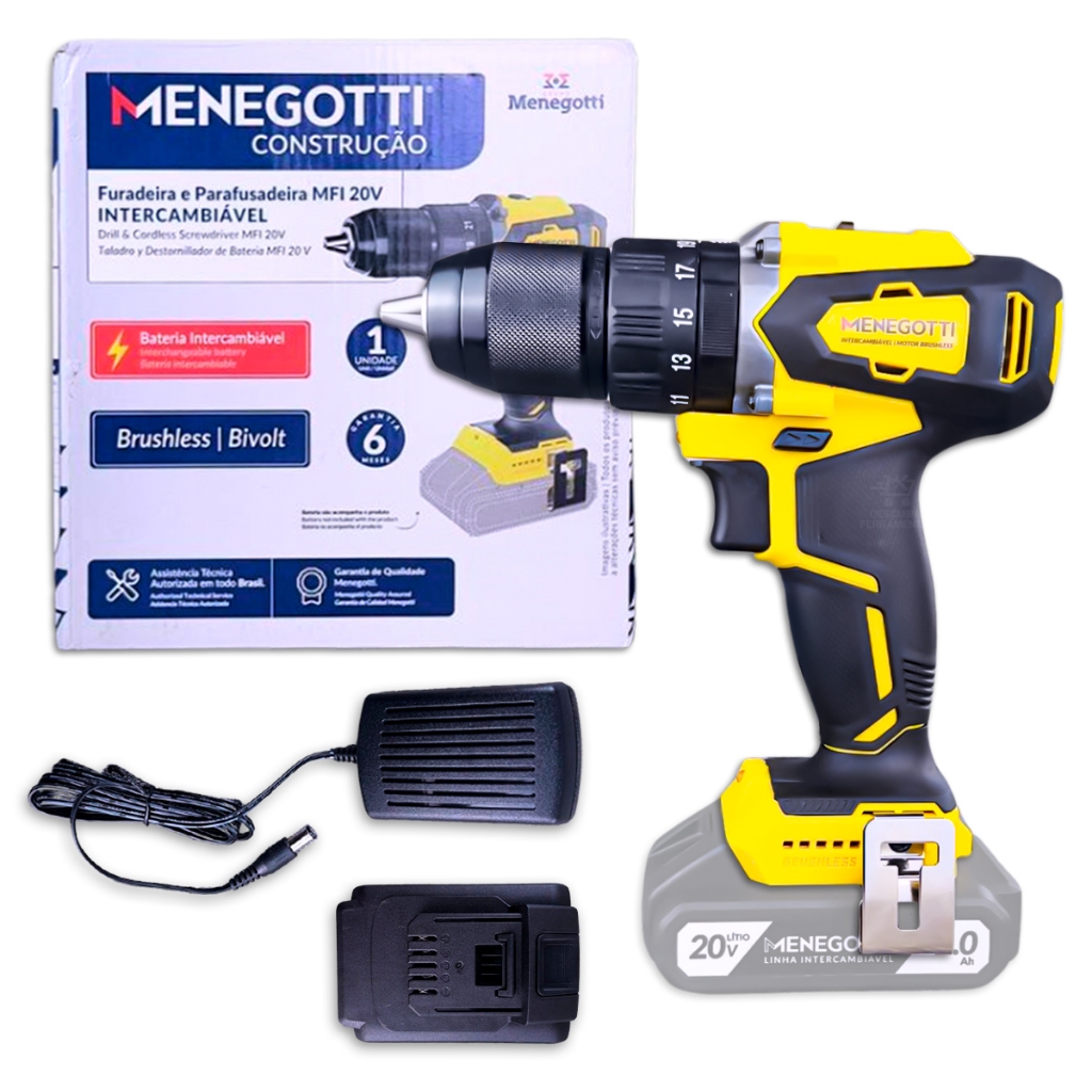 Furadeira Parafusadeira Menegotti a Bateria MFI-20 Brushless 20V 13mm com Maleta Bateria Carregador