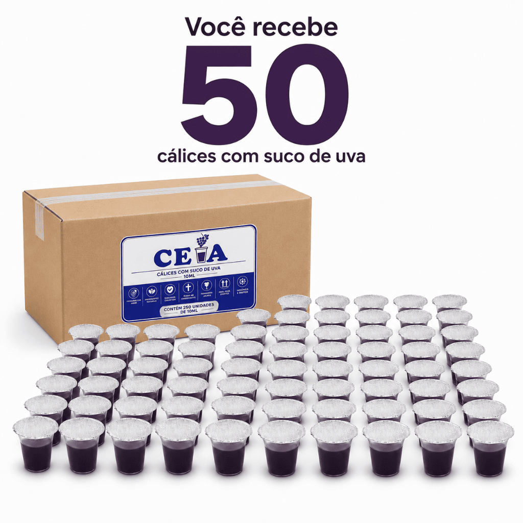 Cálice Santa Ceia Com Suco de Uva Premium 50 Unidades Lacrado Individual Pronto Para Igreja Culto e Eventos