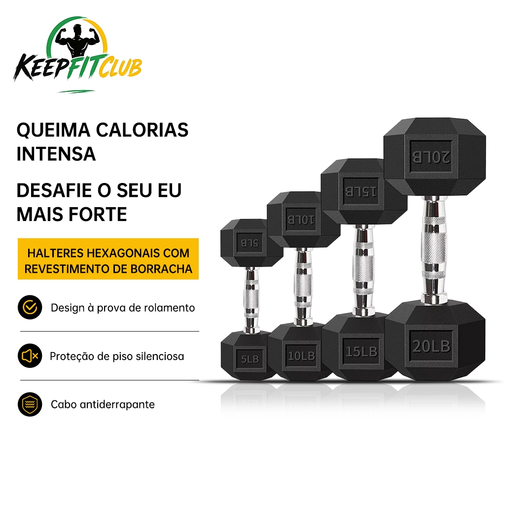 Keepfitclub Halter Dumbell Emborrachado Sextavado Cromado De 10-20lb Um único haltere 1 Unidade