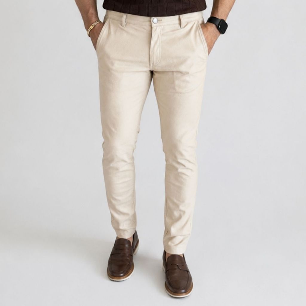 Calça Slim Masculina Resinada com Elastano Couro Sintético Premium