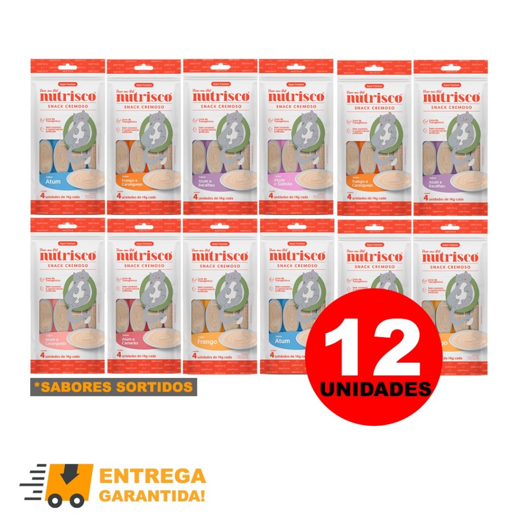 Kit com 12 Petisco Cremoso Nutrisco Snack para Gatos 56g Sabor Atum e Bacalhau
