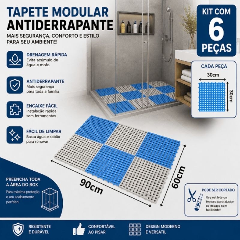 06 Tapete modular 30x30 superfície antiderrapante para Box banheiro banho chuveiro vestiários