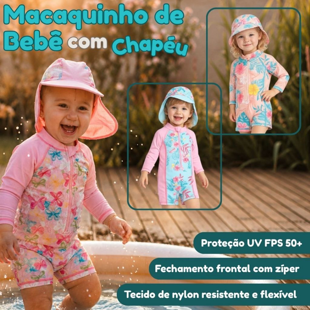 Macaquinho Macacão Maiô Bebê Menina Praia Piscina Natação Proteção UV50+ Com Chapéu Pulpo By Acqua Di Mare