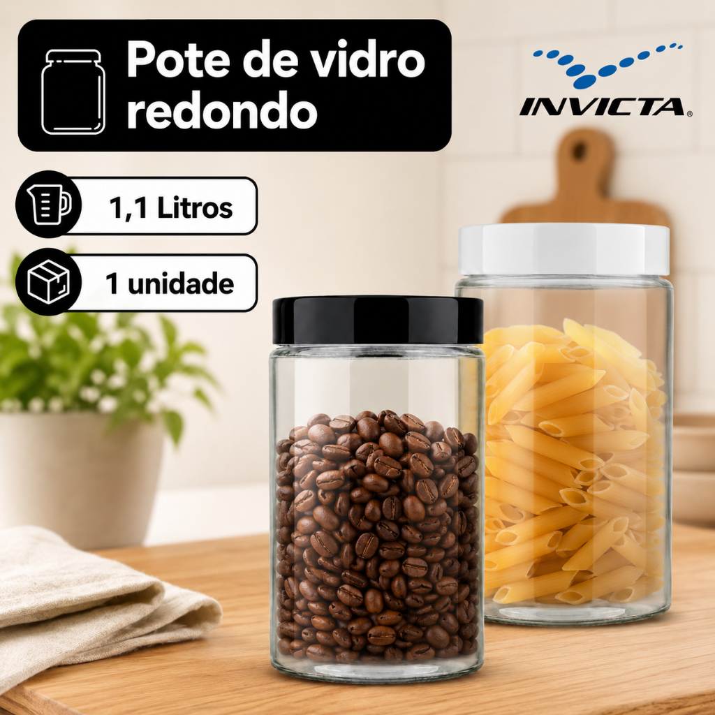 Pote Vidro 1,1 litros Redondo Tampa Rosca Color Invicta