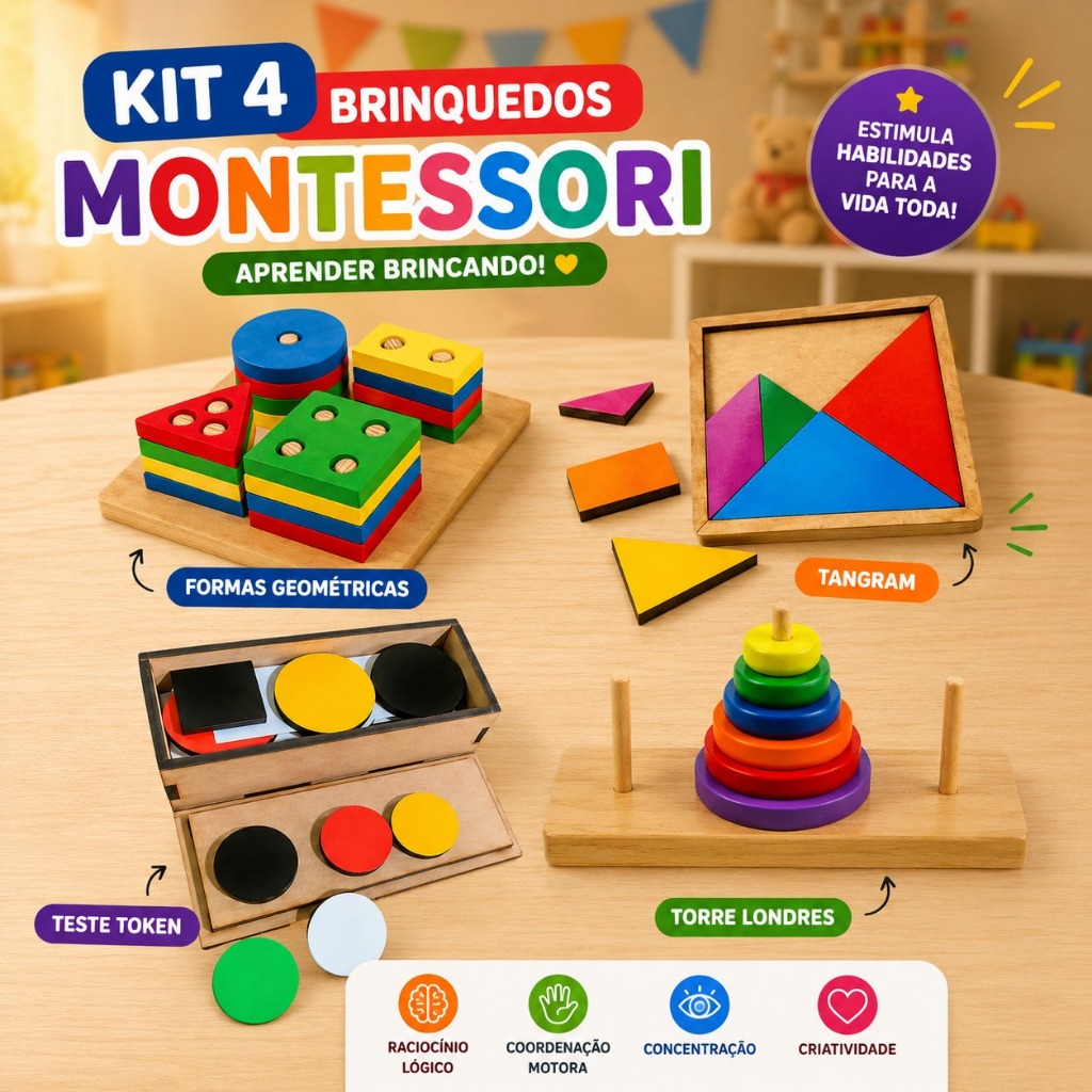 Kit Educativo Terapêutico 4 em 1 | Tangram, Geométricas, Teste Token e Torre de Londres  MDF e EVA