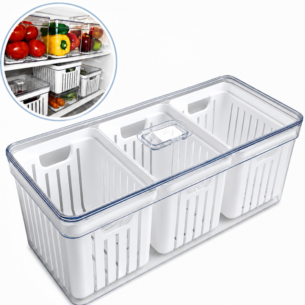 Organizador de Geladeira Grande Transparente 6,8L com 3 Cestos de Drenagem e Tampa