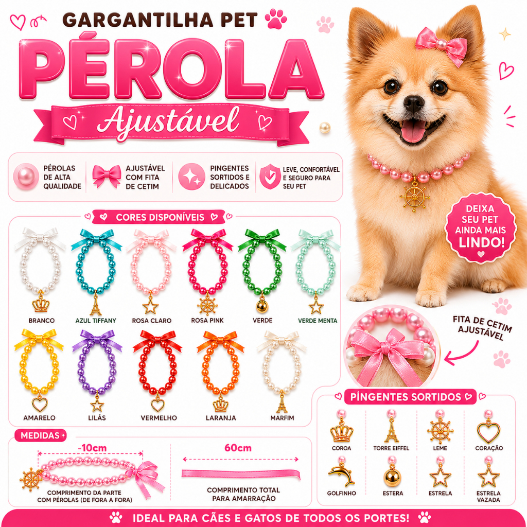 Gargantilha Pet Pérola Ajustável Laço Pet, Cores e Pingentes Sortidos, Banho e Tosa Cães e Gatos.