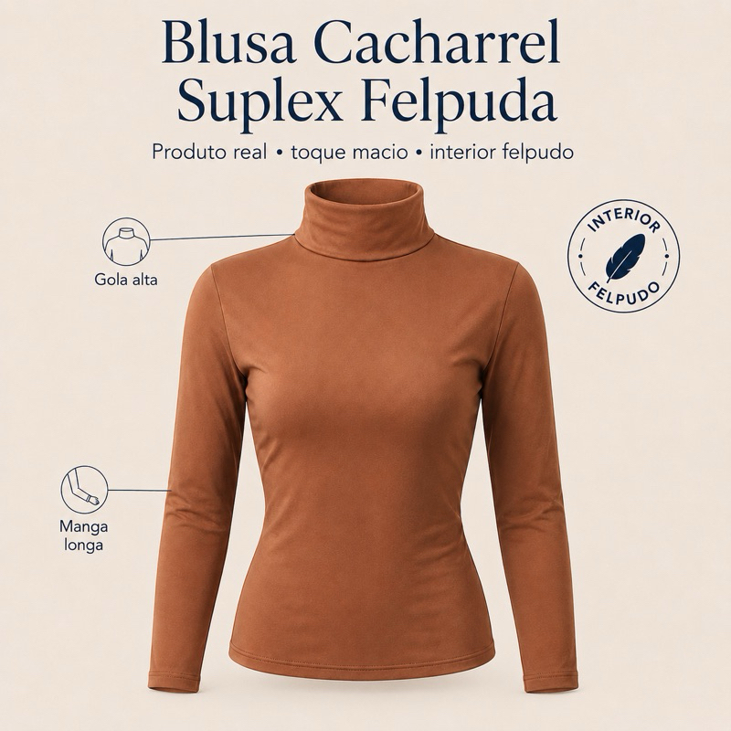 Blusa Cacharrel Feminina Felpuda Gola Alta Manga Longa Suplex Inverno Segunda Pele