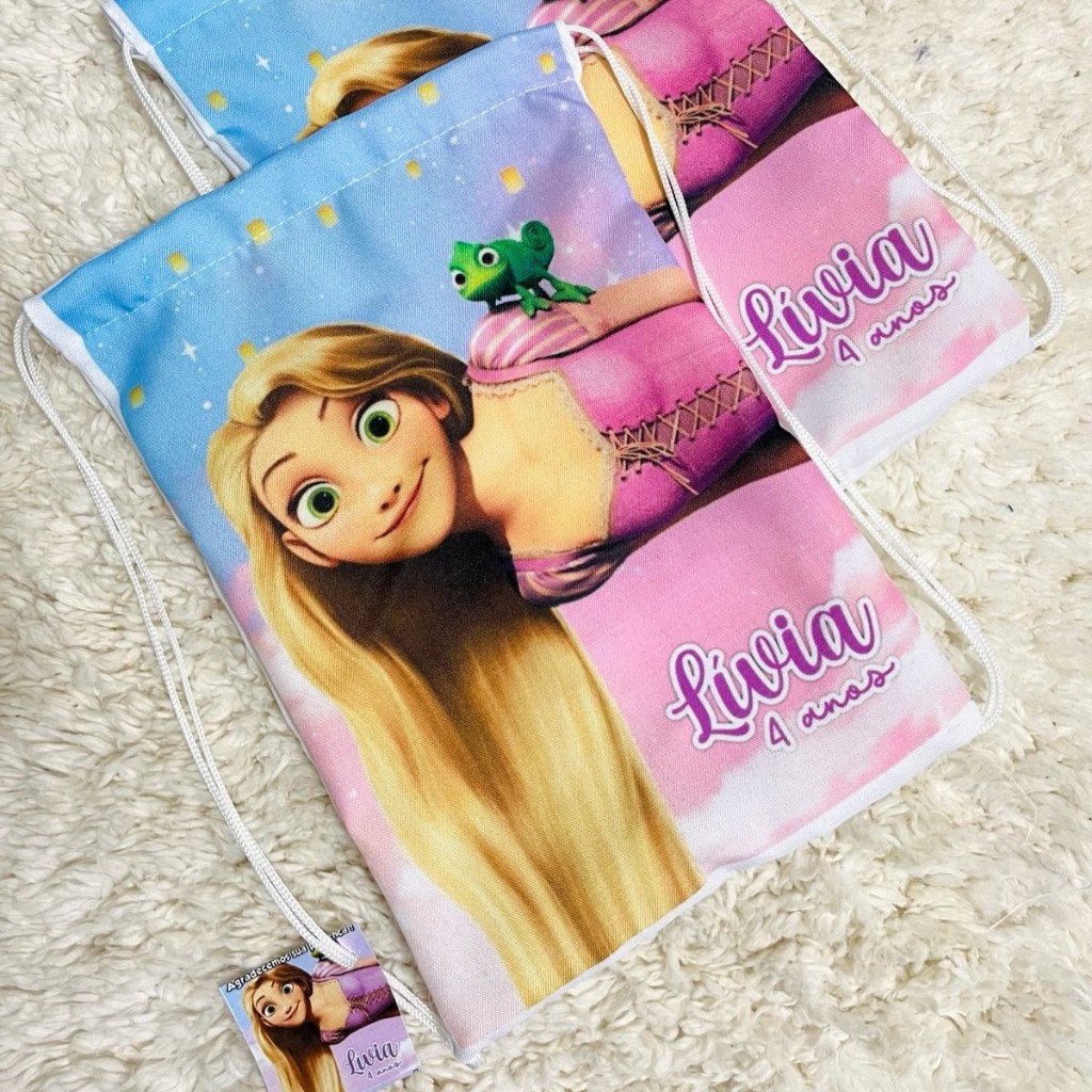 Mochila Personalizada Festa Infantil Enrolados Princesa Lembrancinha | Saquinho | Sacochila