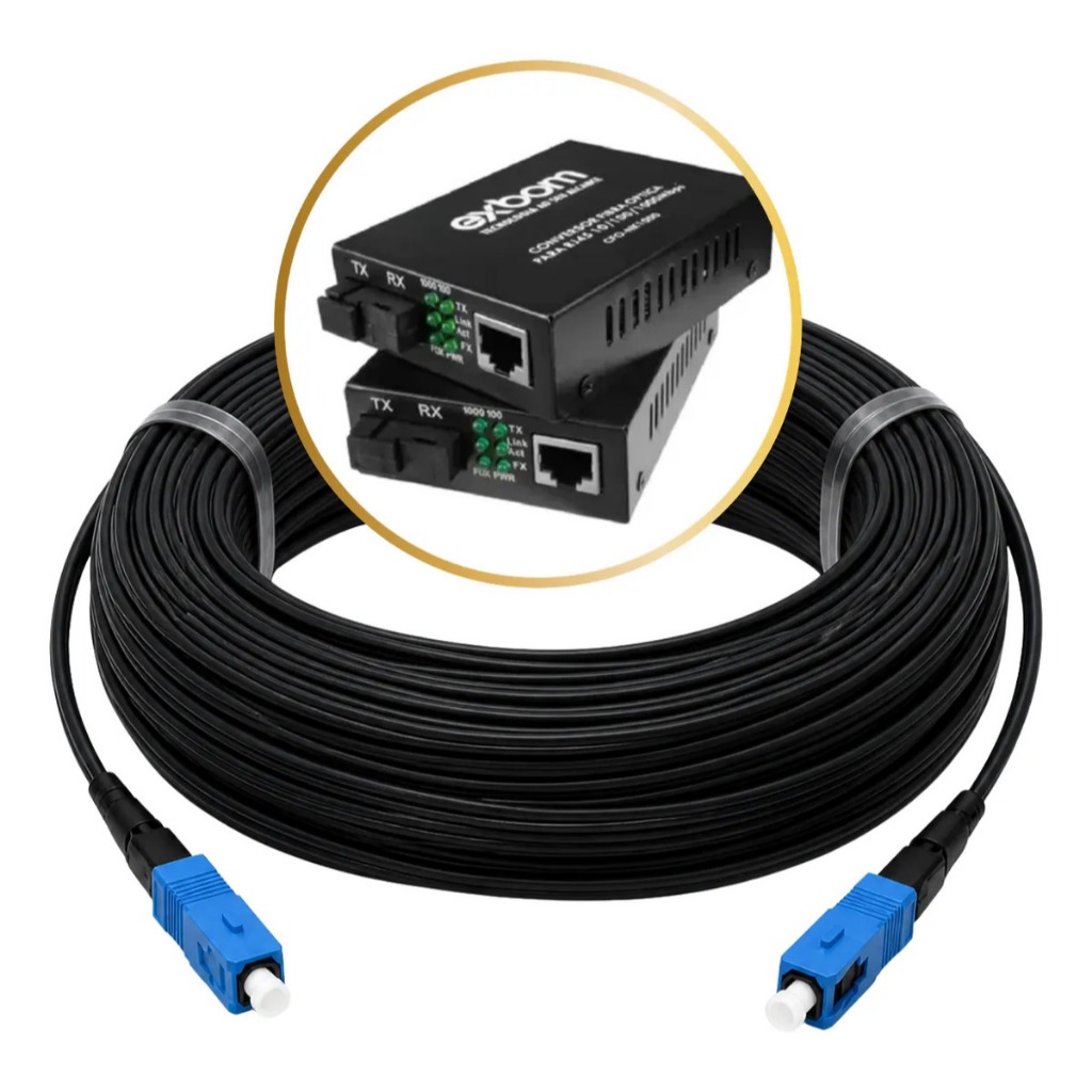 Kit Cabo Fibra Óptica Drop 300m SC/UPC Azul com Par Conversor Gigabit RJ45 Internet