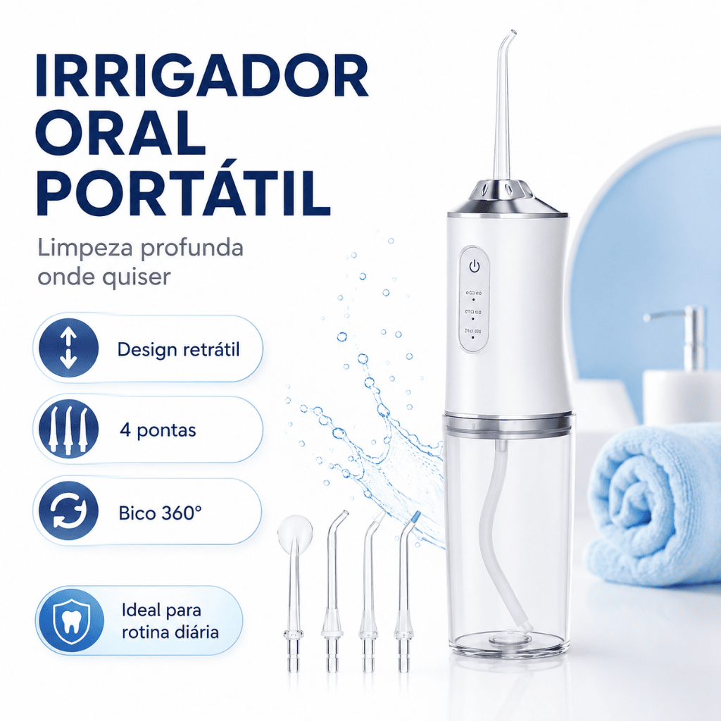 Irrigador Bucal Portátil Recarregável USB, com 4 Bicos e Modos de Pressão para Limpeza de Dentes