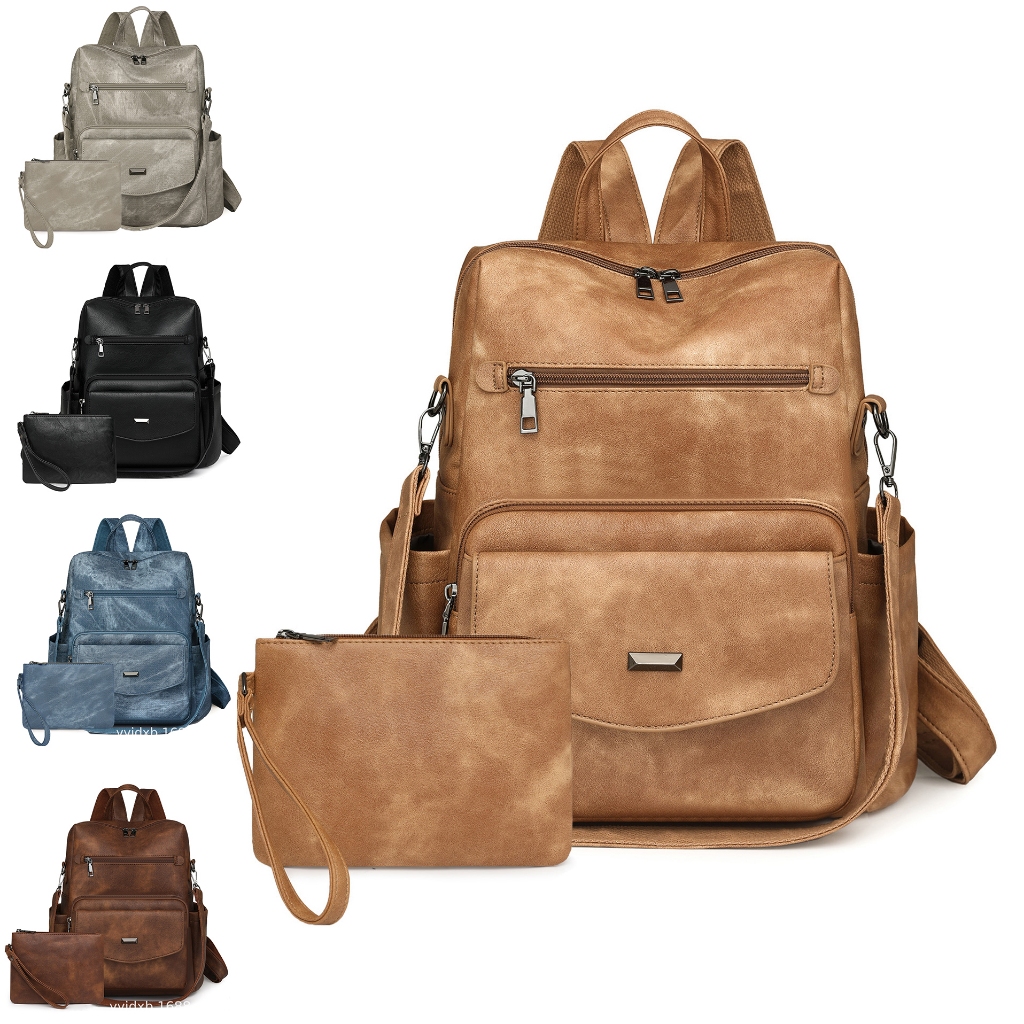 Kit Mochila Feminina Couro PU Grande Capacidade com Necessaire Elegante Trabalho Faculdade Viagem