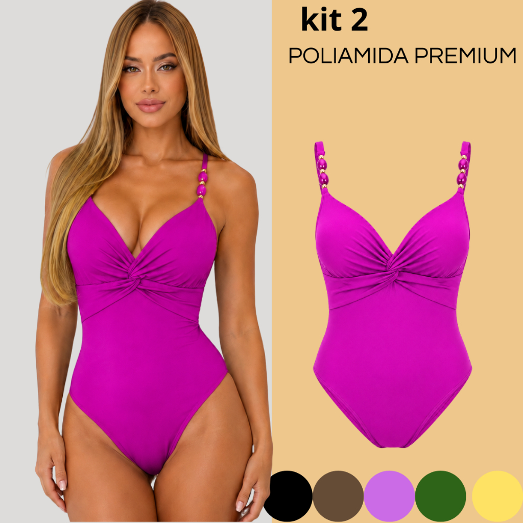 Kit 2 Maiô Feminino Moda Praia Decote Nó Suplex Poliamida Bojo Modelador Afina Cintura Biquíni