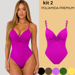 Kit 2 Maiô Feminino Moda Praia Decote Nó Suplex Poliamida Bojo Modelador Afina Cintura Biquíni