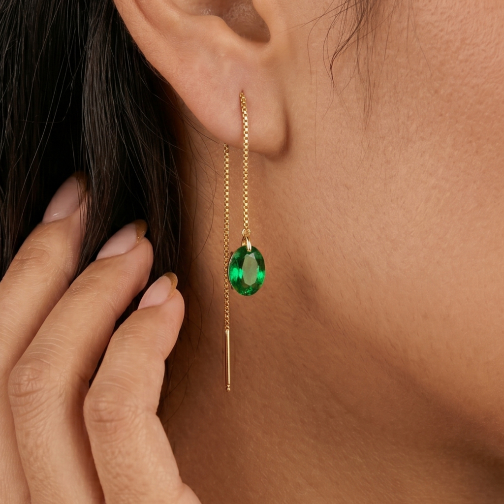 Kit 2 Brincos Femininos Longos com Pedra Verde Banhado a Ouro 18K ou Prata 925