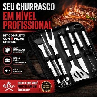 Kit Churrasco 9 Peças Inox Profissional Com Bolsa Utensílios Completo Churrasqueiro