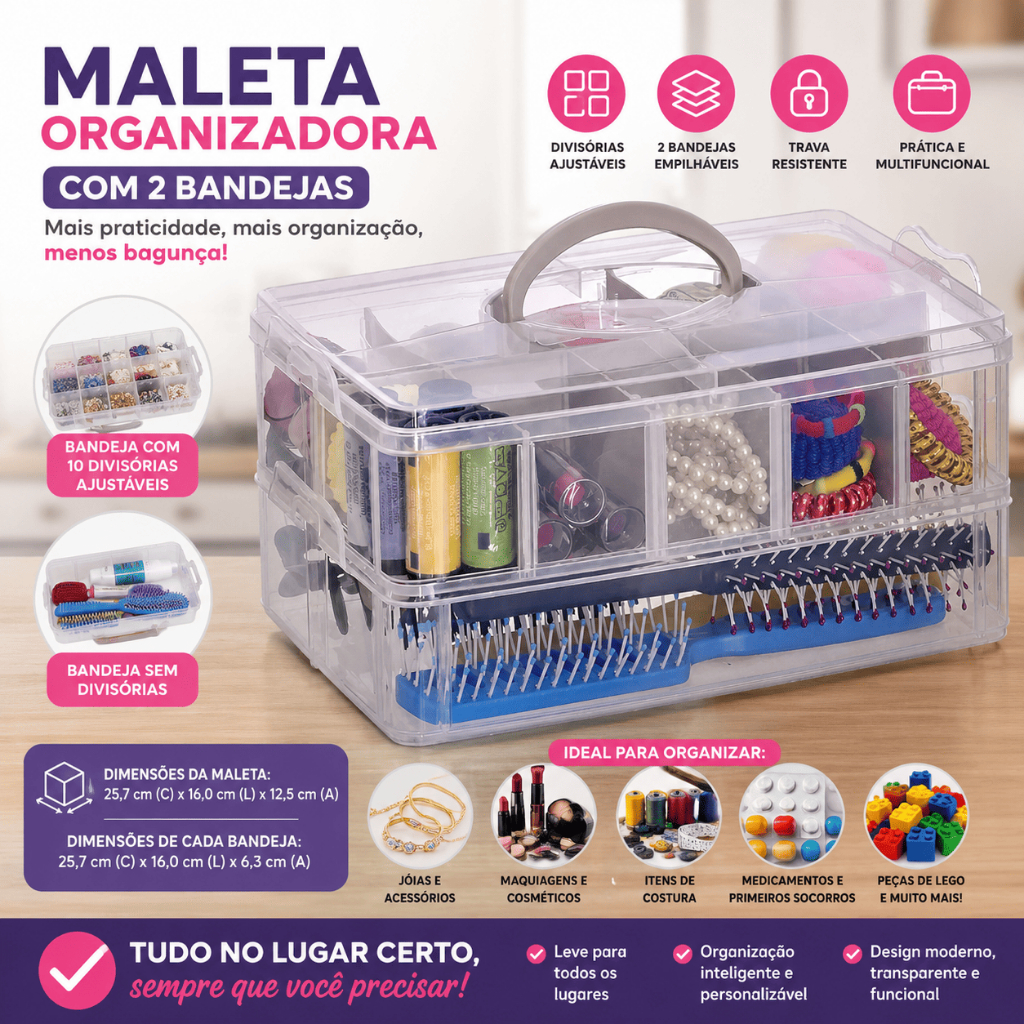 Maleta Organizadora Com 2 Bandejas Uma Com 10 Divisórias Ajustáveis E Outra Sem Divisórias Maquiagem