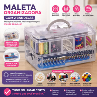 Maleta Organizadora com 2 Bandejas — uma com 10 divisórias ajustáveis e uma sem divisórias