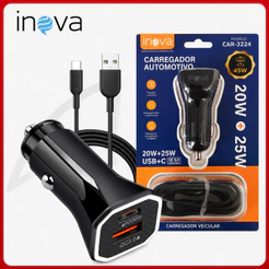 Carregador Veicular USB Com Cabo Tipo C Incluso Ultra Rápido Turbo Inova