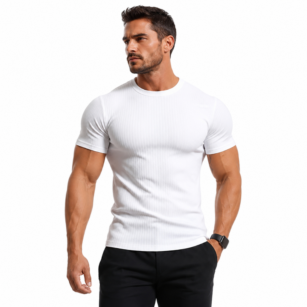 Camisa Masculina Malha Canelada Manga Curta Slim Premium